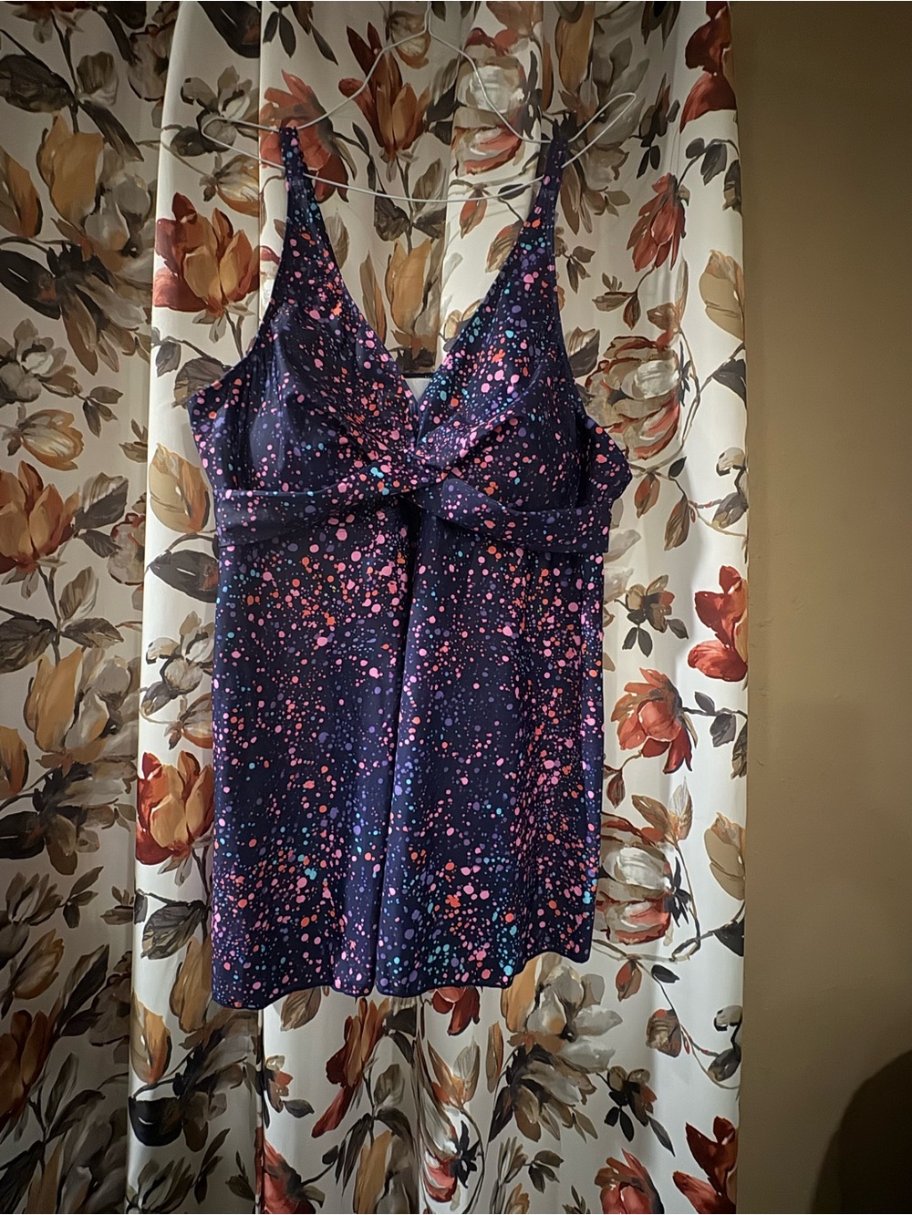 Navy Speckled V-Neck bathing suit top with Pink & Aqua Dots